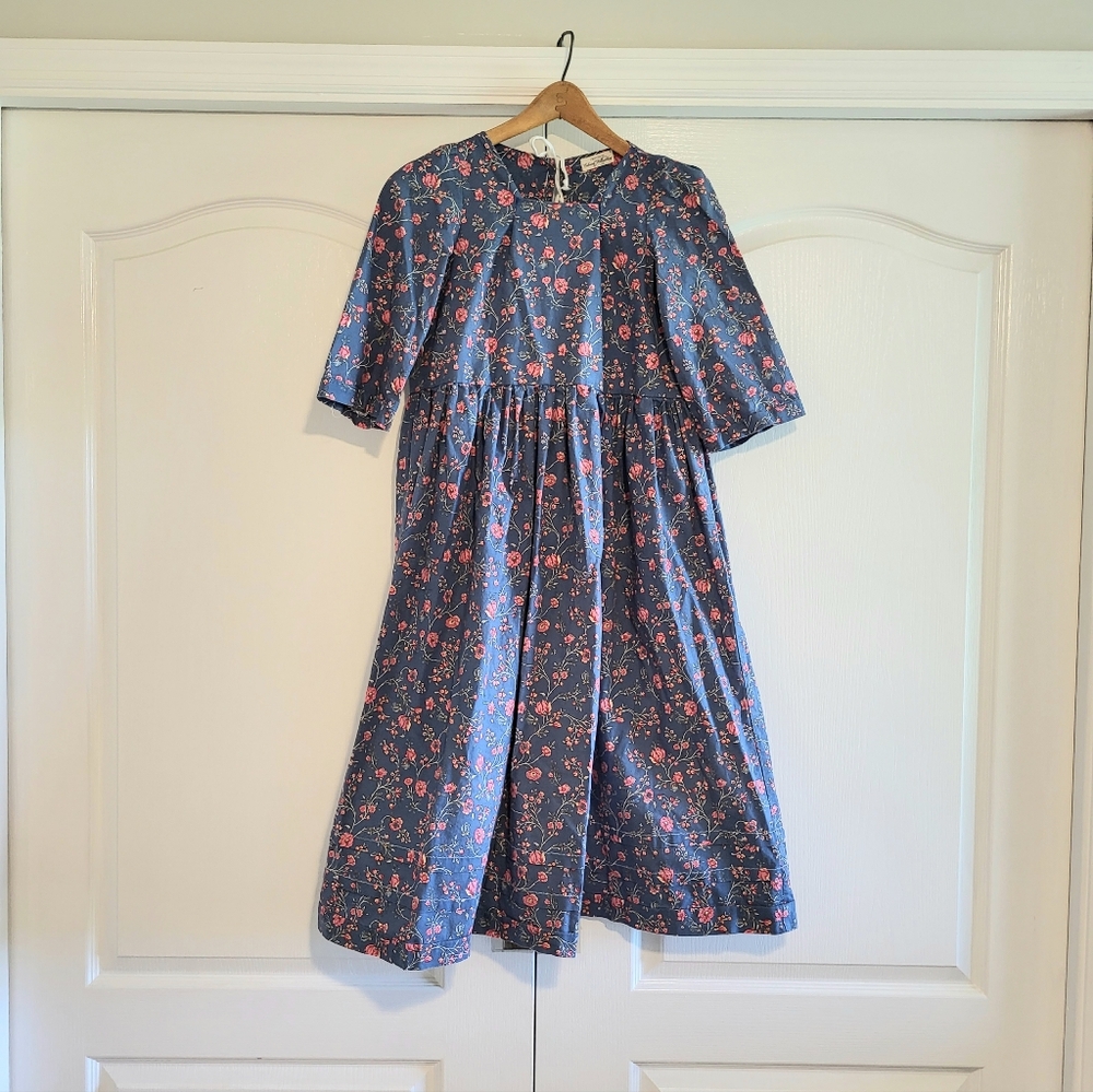 Girls Colonial Williamsburg Handmade Cotton Dress - Blue Floral - 12